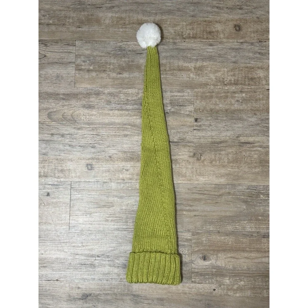 New Hand Knitted Bright Green Acrylic Faux Christmas Cap Hat W/ PomPom Adult